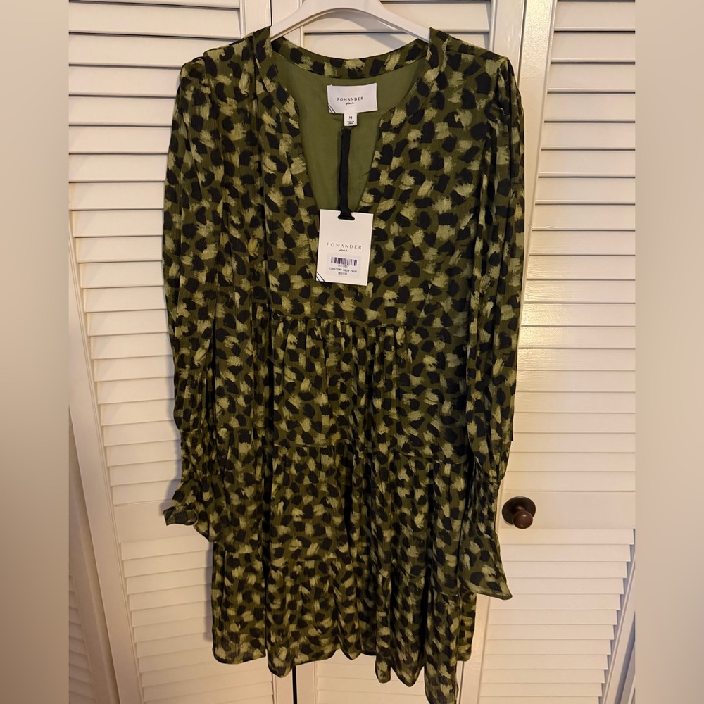 Tuckernuck’s Pomander Place Crepe Kenzo Dress in green animal print. NWT size M